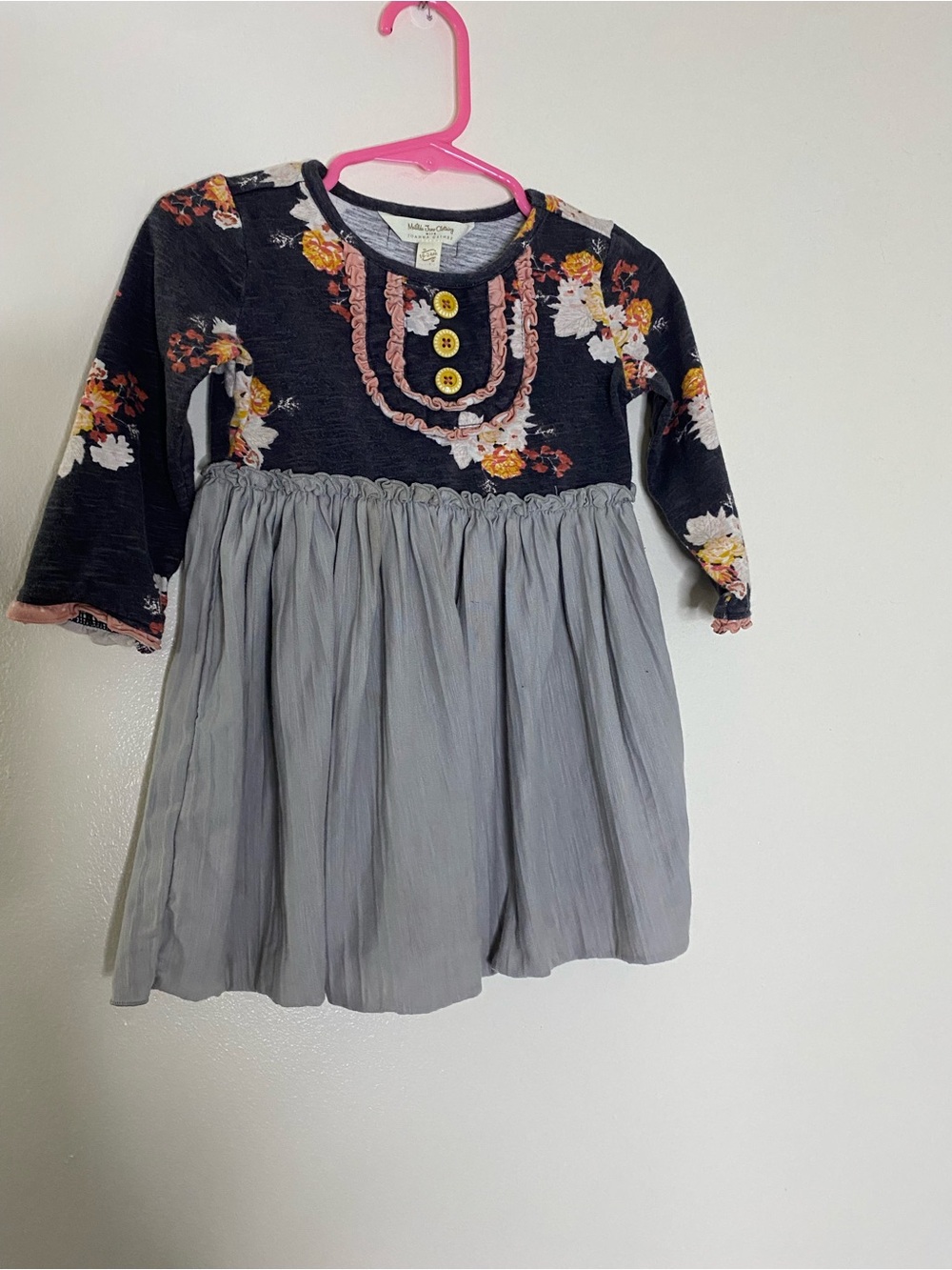 Matilda Jane Black Floral Bodice with Gray Skirt and Pink Trim Girls' Dress